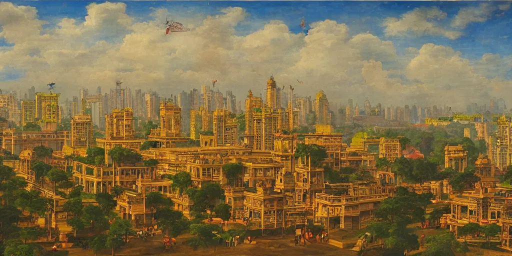 Prompt: mumbai skyline in the style of raja ravi varma, high detail, realism, national gallery of delhi