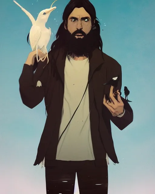 Prompt: portrait of a man with long black hair and beard holding a bird in his hands, full moon in the background, fine portrait, beautiful, concept art, by greg rutkowski, style of tomer hanuka