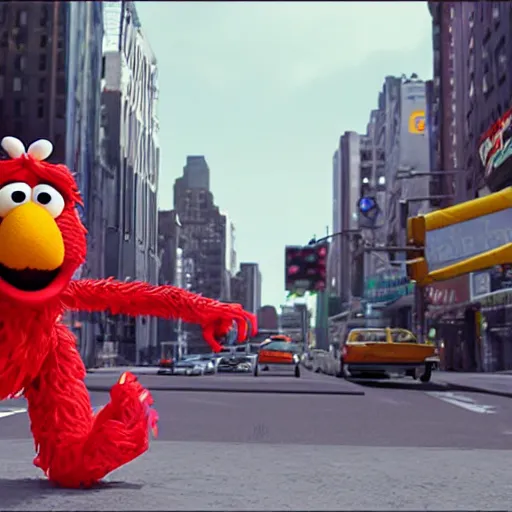 Prompt: Cinema4d 3d octane render of giant Elmo from sesame street being depicted as a 90’s rapper in New York City, highly detailed, 4K, moody lighting