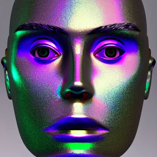 Image similar to 3d render of holographic human robotic head made of glossy iridescent, surrealistic 3d illustration of a human face non-binary, non binary model, 3d model human, cryengine, made of holographic texture, holographic material, holographic rainbow, concept of cyborg and artificial intelligence