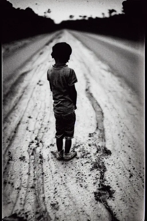 Prompt: photo polaroid of a sad and lonely child in the middle of a road of dry mud, drought, loneliness, black and white ,photorealistic, 35mm film,