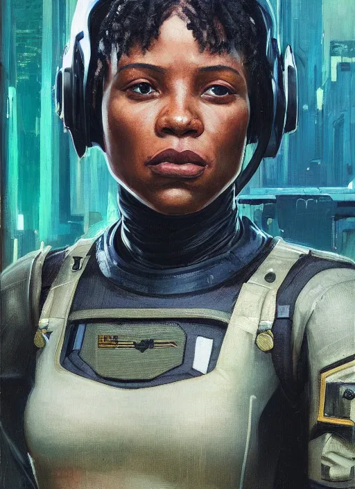 Prompt: Sgt. Sophia Igwe. Strong cyberpunk female USN Assault commando wearing a military cyberpunk exo-suit (cyberpunk 2077, bladerunner 2049). gorgeous face. Iranian orientalist portrait by john william waterhouse and Edwin Longsden Long and Theodore Ralli and Nasreddine Dinet, oil on canvas. Cinematic, hyper realism, realistic proportions, dramatic lighting, high detail 4k