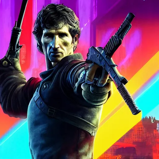 Image similar to todd howard pointing a gun towards the camera and forcing you to buy skyrim, threatening, sharp, cinematic, colorful, digital, neon, bright, cyberpunk, blade runner 2 0 4 9, realistic