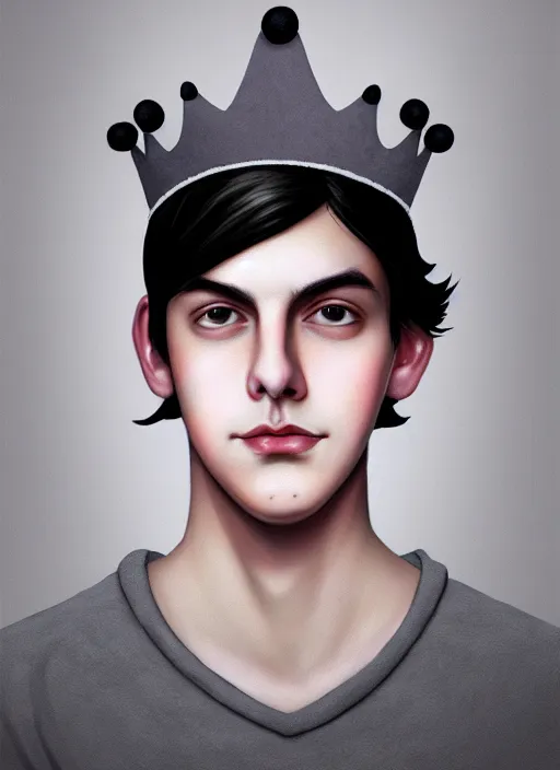 Image similar to portrait of teenage jughead jones wearing a light grey crown, photorealistic, crown made of fabric, crown, crown made of felt, black hair, intricate, elegant, highly detailed, digital painting, glowing lights, artstation, concept art, smooth, sharp focus, illustration, art by wlop, mars ravelo and greg rutkowski