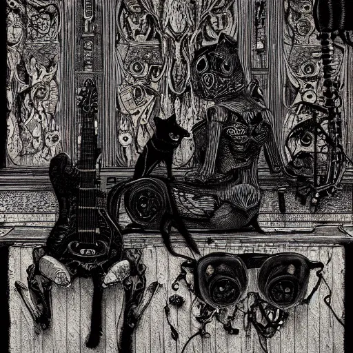 Image similar to skeleton wearing headphones, watching girl playing guitar while her black cat standing next to her, detailed intricate ink illustration, dark atmosphere, detailed illustration, hd, 4k, digital art, overdetailed art, by greg rutkowski, by loish, complementing colors, Trending on artstation