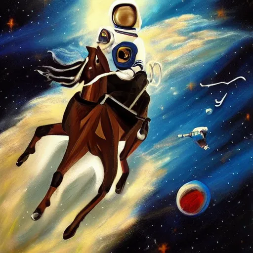 Image similar to an astronaut riding a horse in space, painting