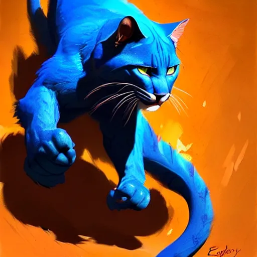 Image similar to a big blue cat caught a red sable. turqoise background. painting by eddie mendoza, greg rutkowski, james gurney