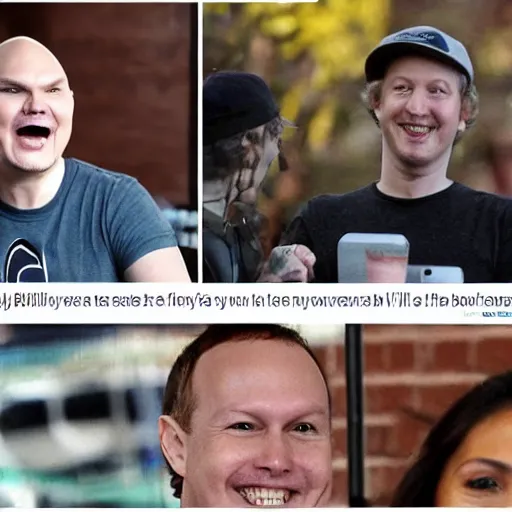 Image similar to billy corgan is seen talking to his friends about going into business together. then billy and mark zuckerberg see an ad in the paper for a house to rent. they are both laughing and trying to decide which to choose