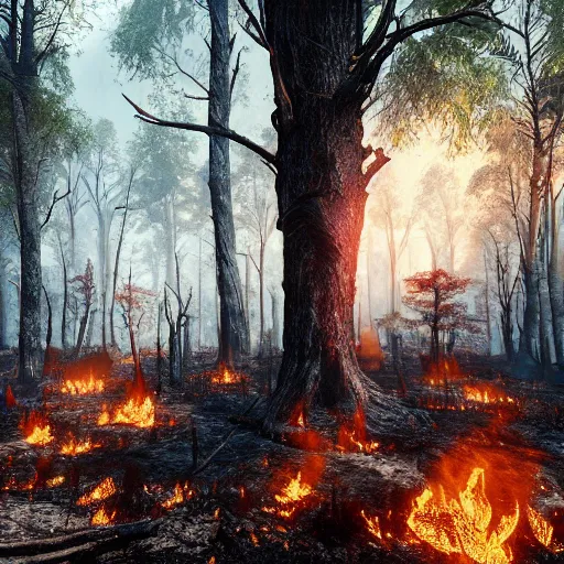 Image similar to a burned lifeless forest, with burned trees, concept art, cinematic, Christian Alzmann on ArtStation, CGSociety, Unreal Engine