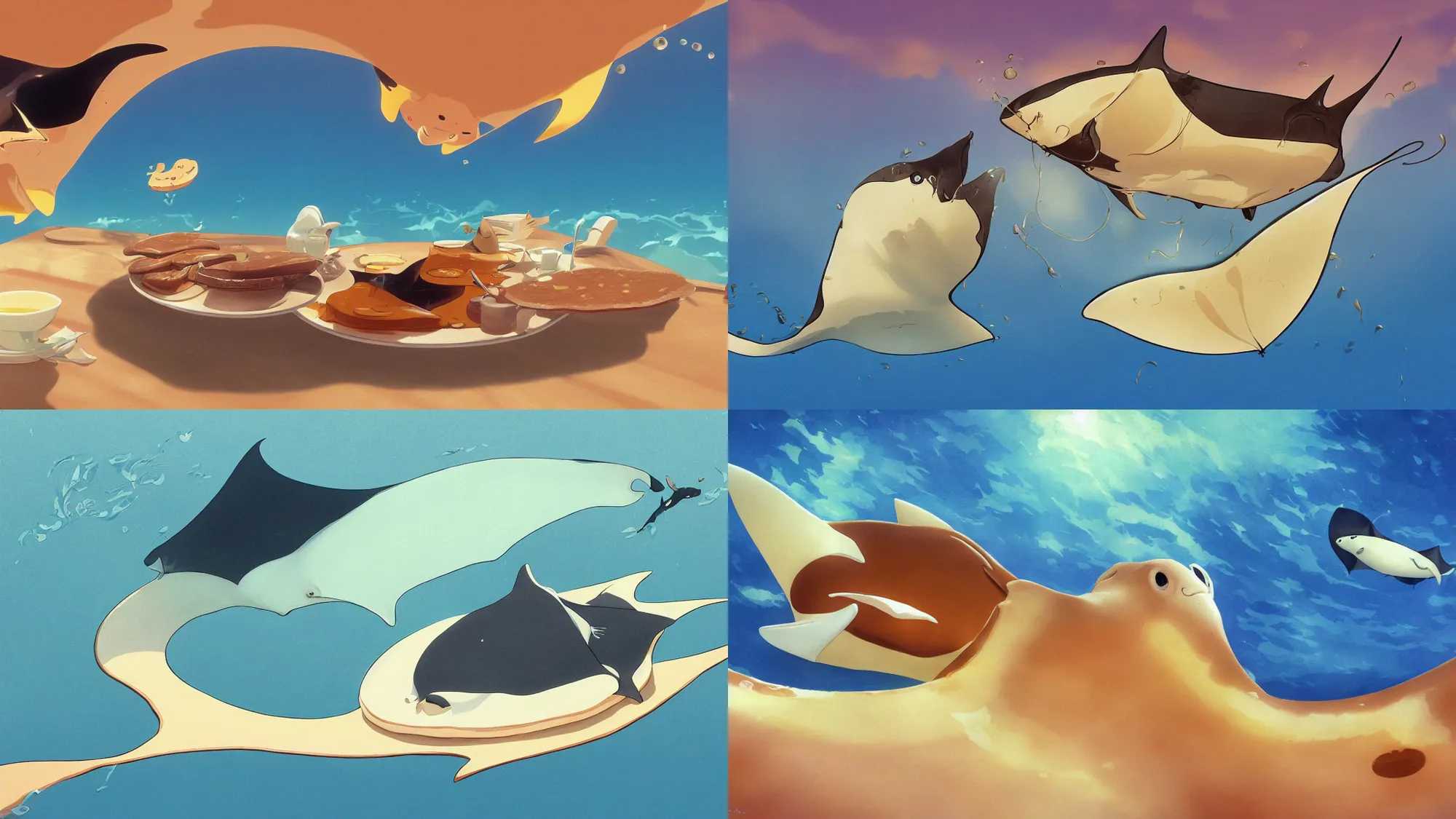 Prompt: painting of a happy flat pancake manta ray swimming in syrup, cute, 4 k, manta ray made of pancake, fantasy food world, living food adorable pancake, brown atmospheric lighting, by makoto shinkai, studio ghibli, salvador dali