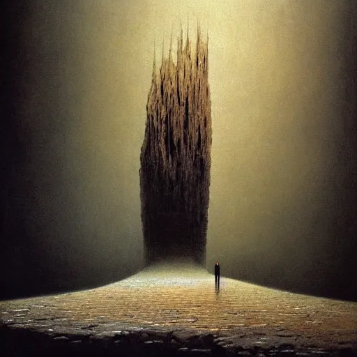 Image similar to when you look too long at the abyss the abyss looks back at you. by zdzislaw beksinski, hyperrealistic photorealism acrylic on canvas, resembling a high resolution photograph