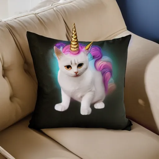 Prompt: portrait of cat unicorn relaxing on pillow, 5 0 mm soft room lighting