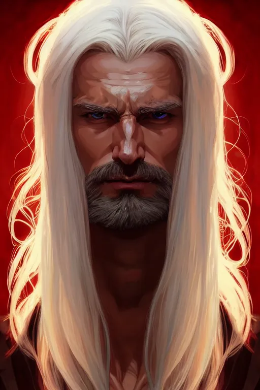 Image similar to a handsome man with long white hair, red eyes, muscular, superpowers, fantasy, portrait, sharp focus, intricate, elegant, digital painting, artstation, matte, highly detailed, concept art, illustration, ambient lighting, art by ilya kuvshinov, artgerm, Alphonse mucha, and Greg Rutkowski