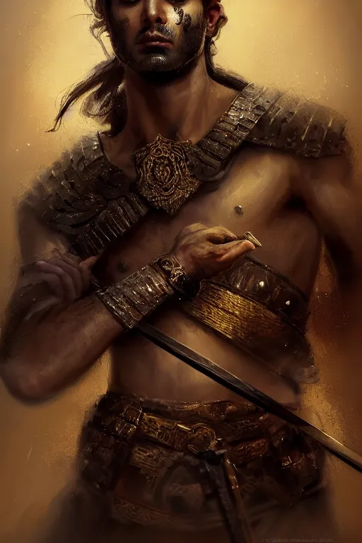 Image similar to portrait of a Persian Prince fighting at war, warrior, brutal battle, handsome prince, shaved face, without beard, attractive young man, shaved face, heroic pose, dramatic lighting, dark and horror, action and tragedy, dust and blood, intricate, wild, highly detailed, digital painting, artstation, concept art, smooth, sharp focus, illustration, art by artgerm and greg rutkowski and alphonse mucha, footage from space camera