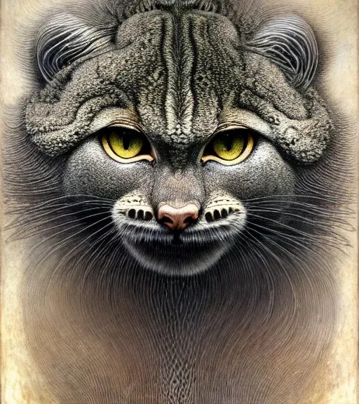 Image similar to detailed realistic beautiful manul portrait by jean delville, gustave dore, iris van herpen and marco mazzoni, art forms of nature by ernst haeckel, art nouveau, symbolist, visionary, gothic, neo - gothic, pre - raphaelite, fractal lace, intricate alien botanicals, ai biodiversity, surreality, hyperdetailed ultrasharp octane render