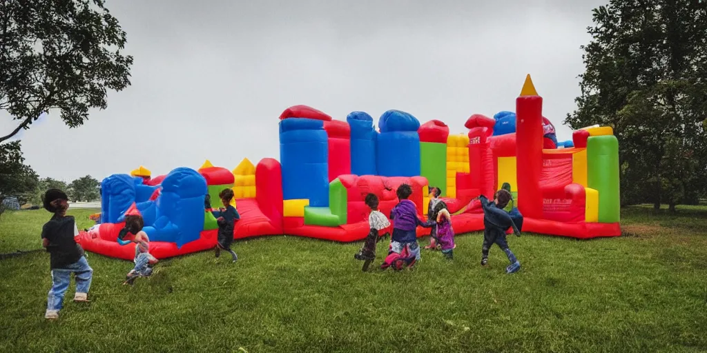 Image similar to a bouncy castle with children inside blowing in the wind during a violent thunderstorm, hyperreal