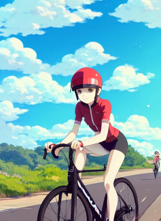 Prompt: portrait of cute girl riding road bike, sunny sky background, lush landscape, illustration concept art anime key visual trending pixiv fanbox by wlop and greg rutkowski and makoto shinkai and studio ghibli and kyoto animation, symmetrical facial features, sports clothing, road bike helmet, red cycling suit with sponsors, backlit, aerodynamic frame, gta 5