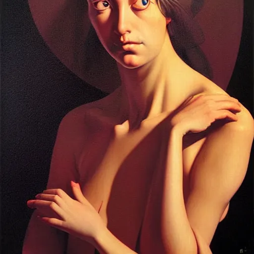 Image similar to unique adventurer portrait, monumental painting by gerrit van honthorst and hajime sorayama and devis stuart, illusion surreal art, highly conceptual figurative art, intricate detailed oil illustration, controversial poster art, polish poster art 1 9 8 0