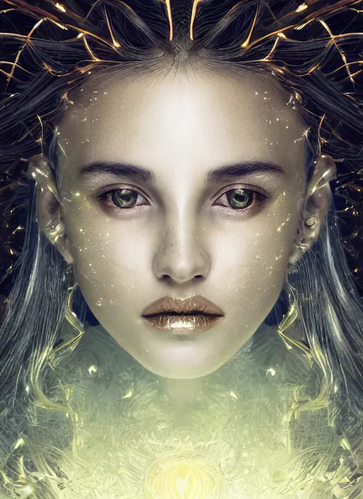 Prompt: glowing silver and golden elements, full close-up portrait, young model from shutterstock as a dark witch in front of the full big moon, book cover, green forest, red white black colors, establishing shot, extremly high detail, photo-realistic, cinematic lighting, pen and ink, intricate line drawings, by Yoshitaka Amano, Ruan Jia, Kentaro Miura, Artgerm, post processed, concept art, artstation, matte painting, style by eddie, raphael lacoste, alex ross