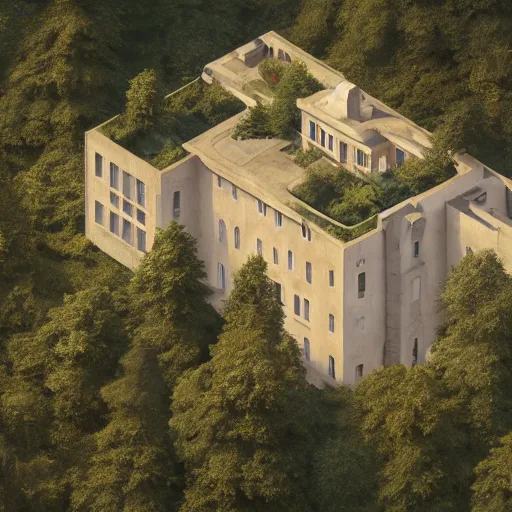 Image similar to beige house with walled in garden, on a hill surrounded by big trees, dramatic lighting, artstation, matte painting, raphael lacoste, simon stalenhag, frank lloyd wright, drone view