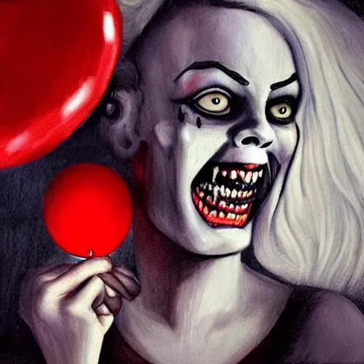 Image similar to grunge cartoon painting of margot robbie with a wide smile and a red balloon by chris leib, loony toons style, pennywise style, corpse bride style, horror theme, detailed, elegant, intricate