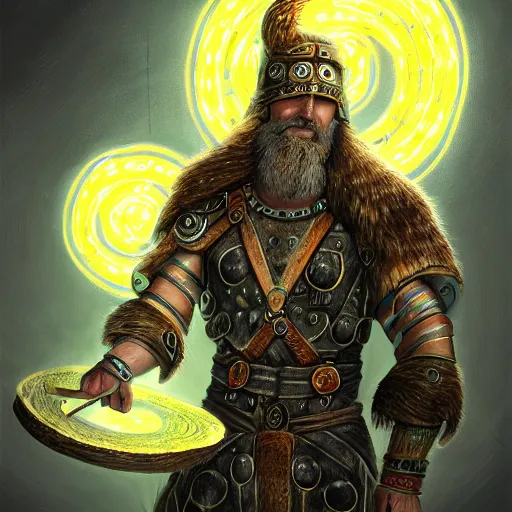 Image similar to mythological viking Shaman of artificial intelligence creating an artificial neural network with yellow synapses on an anvil, high resolution, award winning art, trending on art station, sharp image, incredibly detailed, detailed character realistic painting