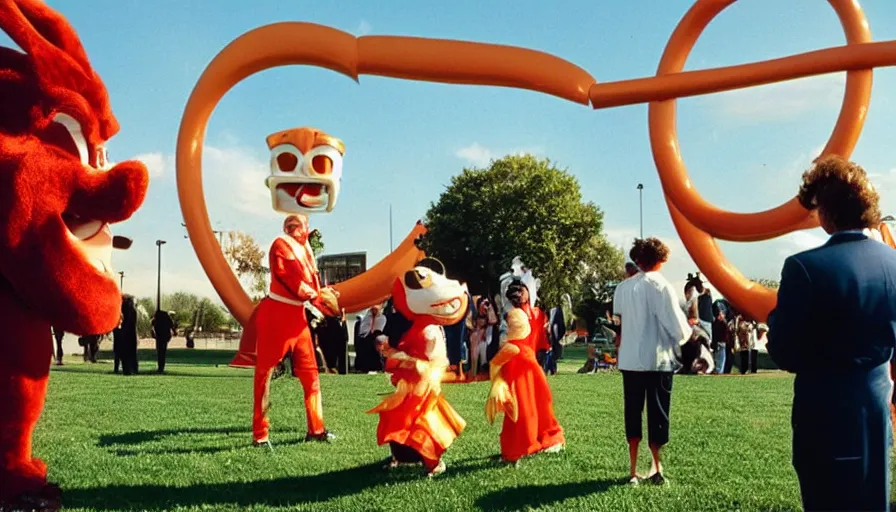 Image similar to 1990s candid photo of a beautiful day at the park, cinematic lighting, cinematic look, golden hour, costumed corporate mascot people giving presentations to families, Enormous personified corporate people with outstandingly happy faces coming out of a portal and talking to families, UHD