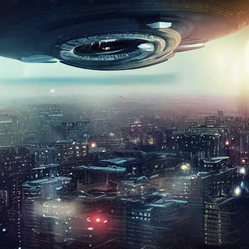 Image similar to a 1960s photograph of a giant spaceship flying over a city, dramatic lighting, cinematic, establishing shot, extremely high detail, foto realistic, cinematic lighting, post processed, concept art, high details, cinematic, 8k resolution, beautiful detailed, photorealistic, digital painting, artstation, concept art, smooth, sharp focus, artstation trending, octane render, unreal engine