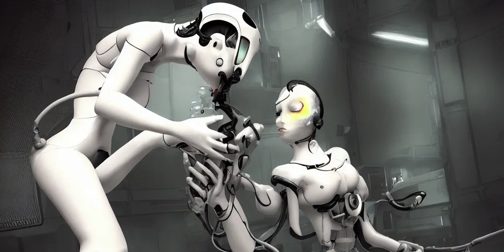 Image similar to glados from portal 2 making out, photo, highly detailed, cinematic still