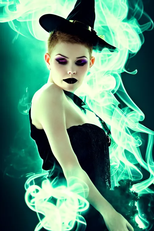 Prompt: a smoking witch, closeup, filled background around face fantasy, magic, undercut hairstyle, dark light night, intricate, elegant