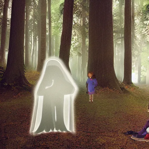 Prompt: a ethereal phantom talking with a kid in the middle of a dark forest