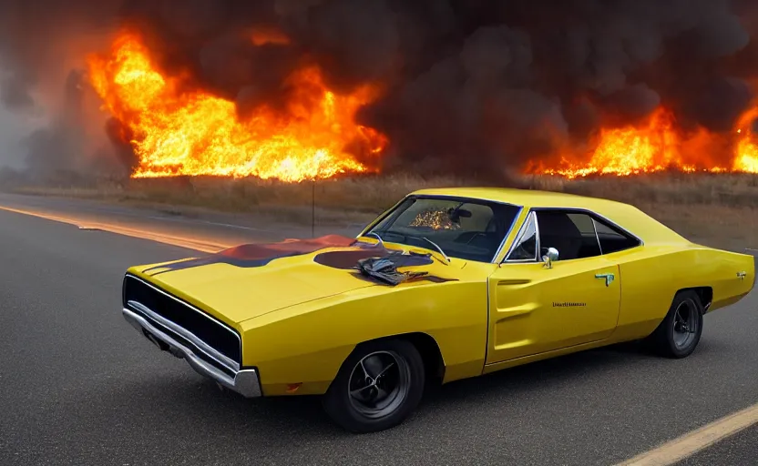 Prompt: a yellow 1 9 6 9 dodge charger daytona driving on a freeway. fire explosion in the background, action scen. realistic. high resolution. dramatic