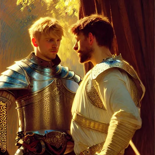 Image similar to attractive arthur pendragon and his attractive male knight, they are in love, natural lighting, path traced, highly detailed, high quality, digital painting, by gaston bussiere, craig mullins, alphonse mucha j. c. leyendecker