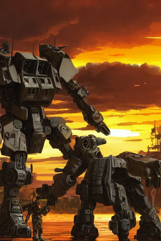 Prompt: A real photo of a Mechwarrior in battle stance, a sunset in the distance, by Josan Gonzalez, Yoji Shinkawa and Geof Darrow, highly detailed, Unreal Engine Render, lots of neon lights on the robot, 3D, 8k wallpaper, uplight