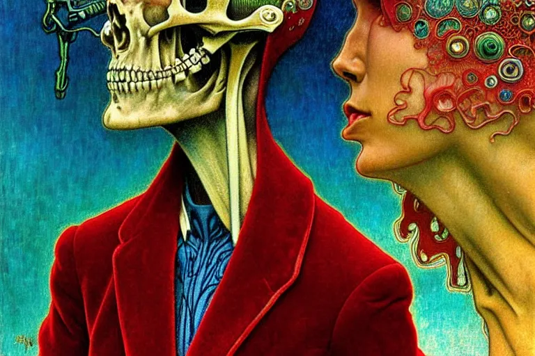 Image similar to realistic detailed closeup portrait painting of a single skeleton wearing red velvet blazer in a crowded futuristic moscow street by Jean Delville, Amano, Yves Tanguy, Alphonse Mucha, Ernst Haeckel, Edward Robert Hughes, Roger Dean, rich moody colours, blue eyes