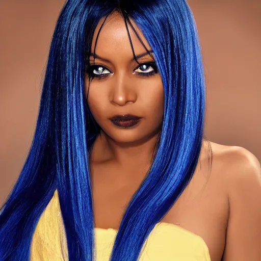 Image similar to portrait of a woman with darker skin with long blue hair and blue eyes, movie still, high definition, colored