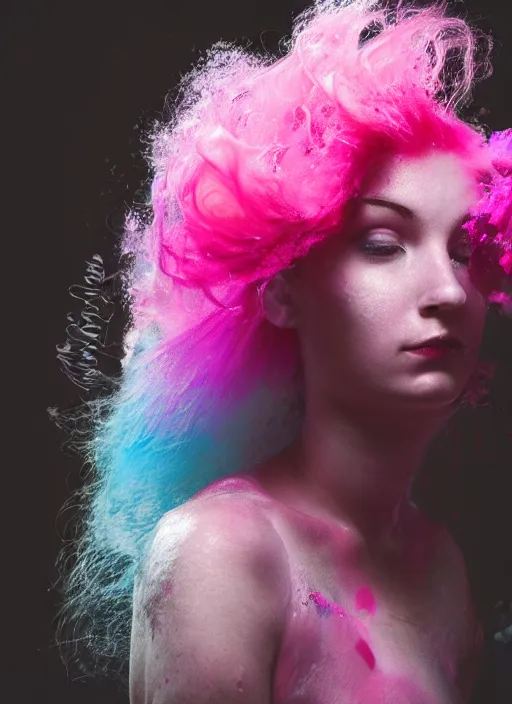 Image similar to a dramatic lighting photo of a beautiful young woman with cotton candy hair. paint splashes. moody, melanchonic. with a little bit of cyan and pink