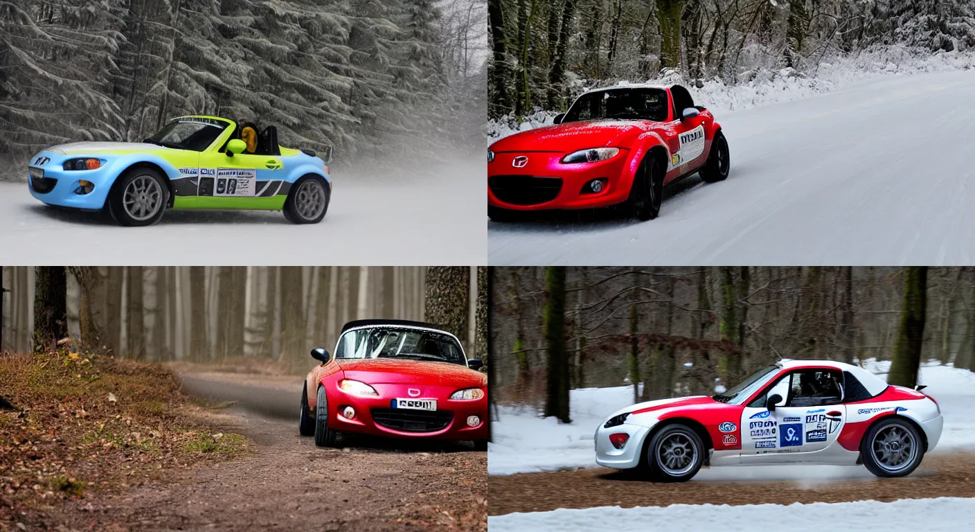 Prompt: a 2 0 1 0 mazda mx - 5 superlight, racing through a rally stage in a snowy forest