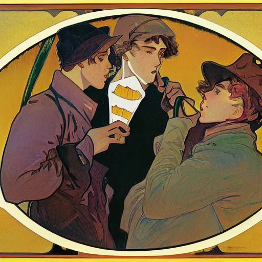 Prompt: a painting of three male teenagers with rockabilly attire holding yellow popsicle and looking at women in the streets by alphonse mucha