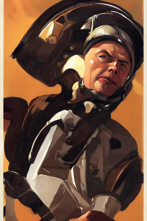 Image similar to rich evans space cop painting by jc leyendecker!! phil hale!, angular, brush strokes, painterly, vintage, crisp