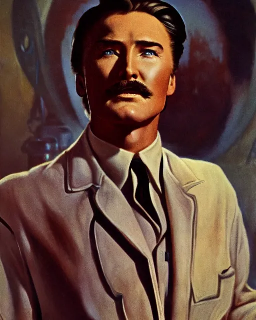 Image similar to Errol Flynn as a scientist. 1980s dystopian Soviet Russia, propaganda screens. Unreal engine, fantasy art by Gustave Courbet. Faithfully depicted facial expression, perfect anatomy global illumination, radiant light, detailed and intricate environment