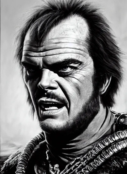 Prompt: portrait of young 1 9 7 0 s jack nicholson as a scheming cunning warlord character ( spiked scrap metal armor ) in mad max 2 : the road warrior, film still, detailed realism face in painting, detailed beautiful portrait, oil painting masterpiece, 8 k resolution, smooth, sharp focus, trending on artstation, by rembrandt