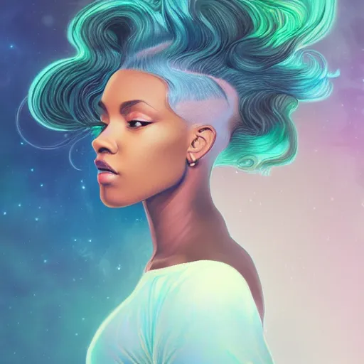 Prompt: black woman with gorgeous pastel balayage hairstyle, as seen on artgerm, octane render, exploding nebulae in the style of alphonse mucha, ultra realistic, highly detailed, 8 k,