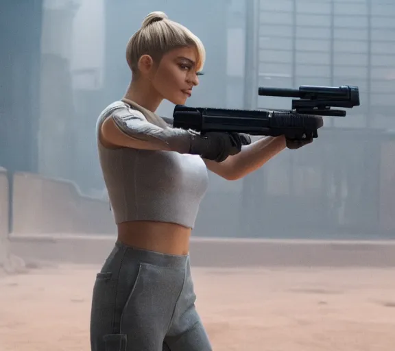 Image similar to a movie still of kylie jenner as joi aiming a gun at ryan gosling in the movie blade runner 2 0 4 9