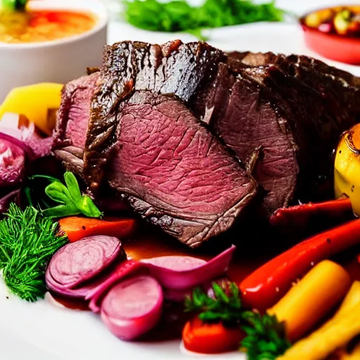 Prompt: perfect beautiful wine beef roast served in michelin star restaurant, juicy sauce, platter of saute vegetables, bokeh, beautiful arrangement, captured on canon eos r 6