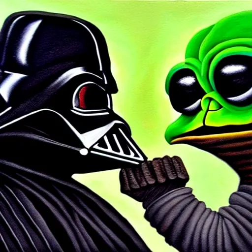 Image similar to a detailed painting of pepe the frog fighting darth vader by caravaggio