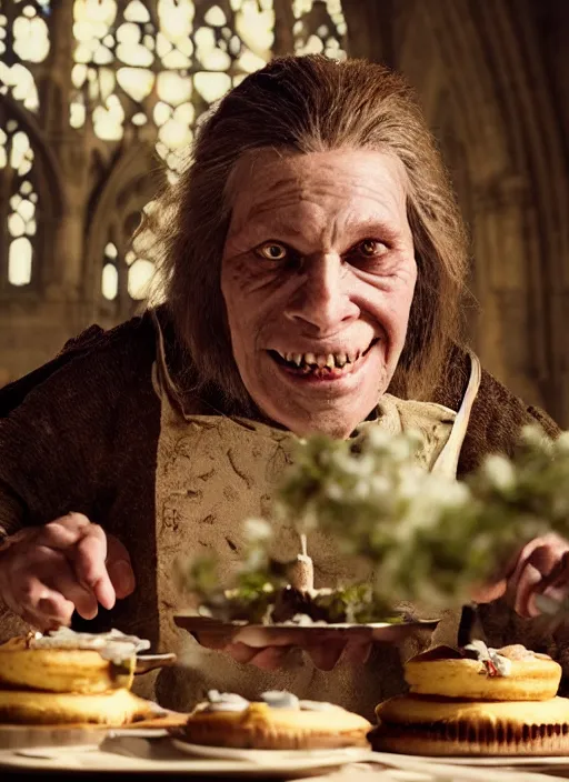 Prompt: closeup portrait of a medieval goblin eating cakes in the abbey, depth of field, zeiss lens, detailed, symmetrical, centered, fashion photoshoot, by annie leibovitz and steve mccurry, david lazar, jimmy nelsson, breathtaking, 8 k resolution, extremely detailed, beautiful, establishing shot, artistic, hyperrealistic, beautiful face, octane render