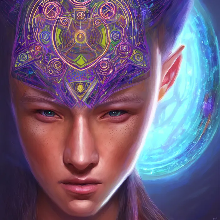 Image similar to portrait of a future metaverse ayahuasca tech shaman warrior, 2 d cartoon, visionary art, symmetric, magick symbols, holy halo, shipibo patterns, sci - fi, concept art, trending on art station, 8 k digital art, by mandy jurgens, fantasy portrait art, anime