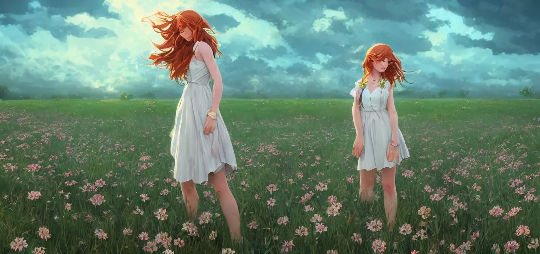 Image similar to a beautiful southern woman named Savannah, innocent, somber turquoise eyes, freckles, long ginger hair tied with white ribbon, relaxed in a field of flowers on a farm, gentle lighting, storm in the distance, western clothing, dress, digital art by Makoto Shinkai ilya kuvshinov and Wojtek Fus, digital art, concept art,