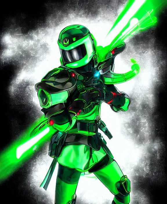 Image similar to an anime drawing of a futuristic warrior with jade green bladed armour and a futuristic helmet with a neon jade visor and red tracking lasers by Moebius, 4k resolution, photorealistic